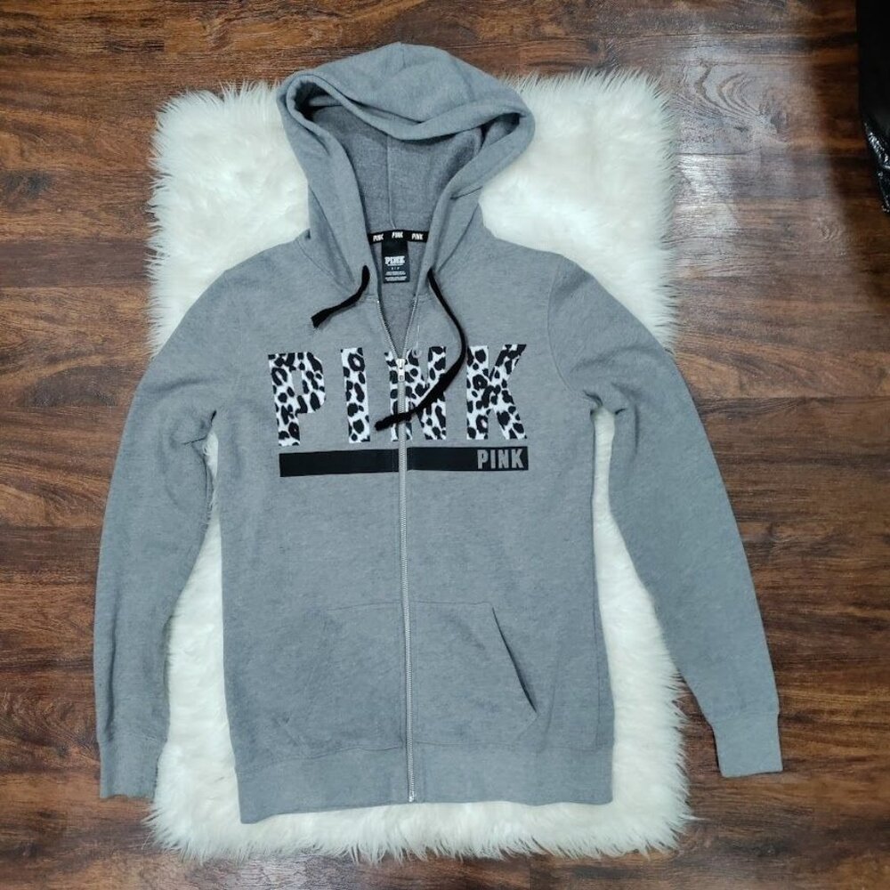 Vintage Victoria's Secret PINK Women's Small Logo Streetwear Zip-Up Hoodie Gray - Picture 2 of 12